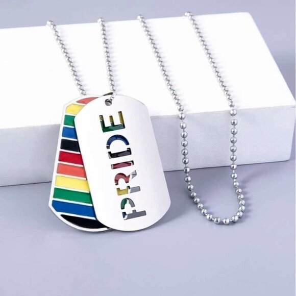 Pride Rainbow Striped Stainless Steel Dog Tags Necklaces - Picture 1 of 3